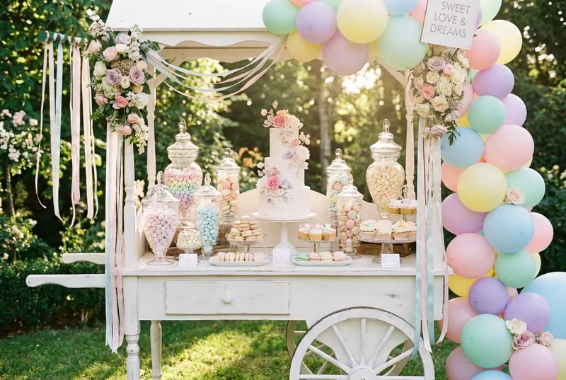 Candy bar decorado para bodas y cumpleaños con tarros de chuches